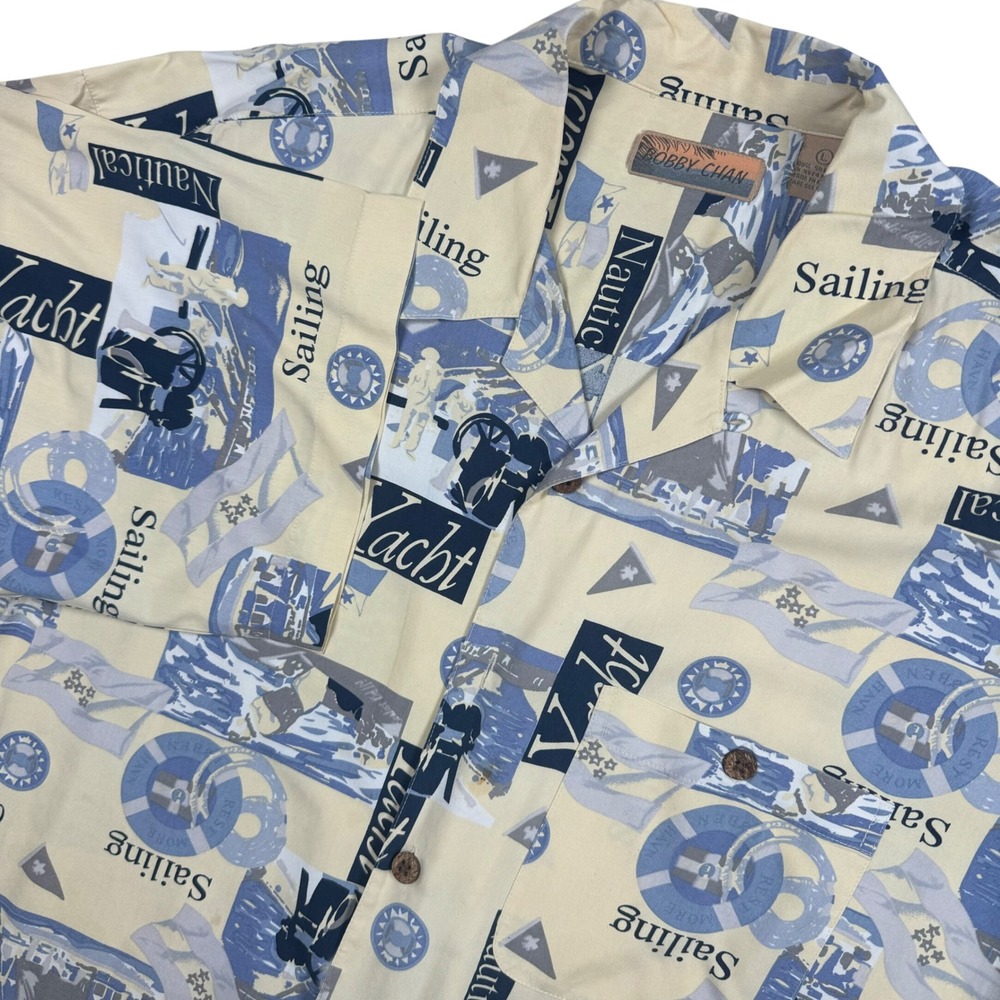 Bobby Chan Nautical Print Shirt Mens Large Cream Blue 100% Silk Yacht